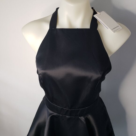Shiny Black Satin Commense Flare Skirt Dress w Apron Front + Neck Ribbon - Picture 5 of 16